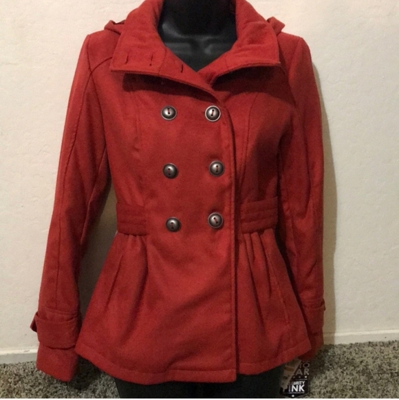 Celebrity Pink Women's Double-Breasted Red Pea Coat - Picture 10 of 16